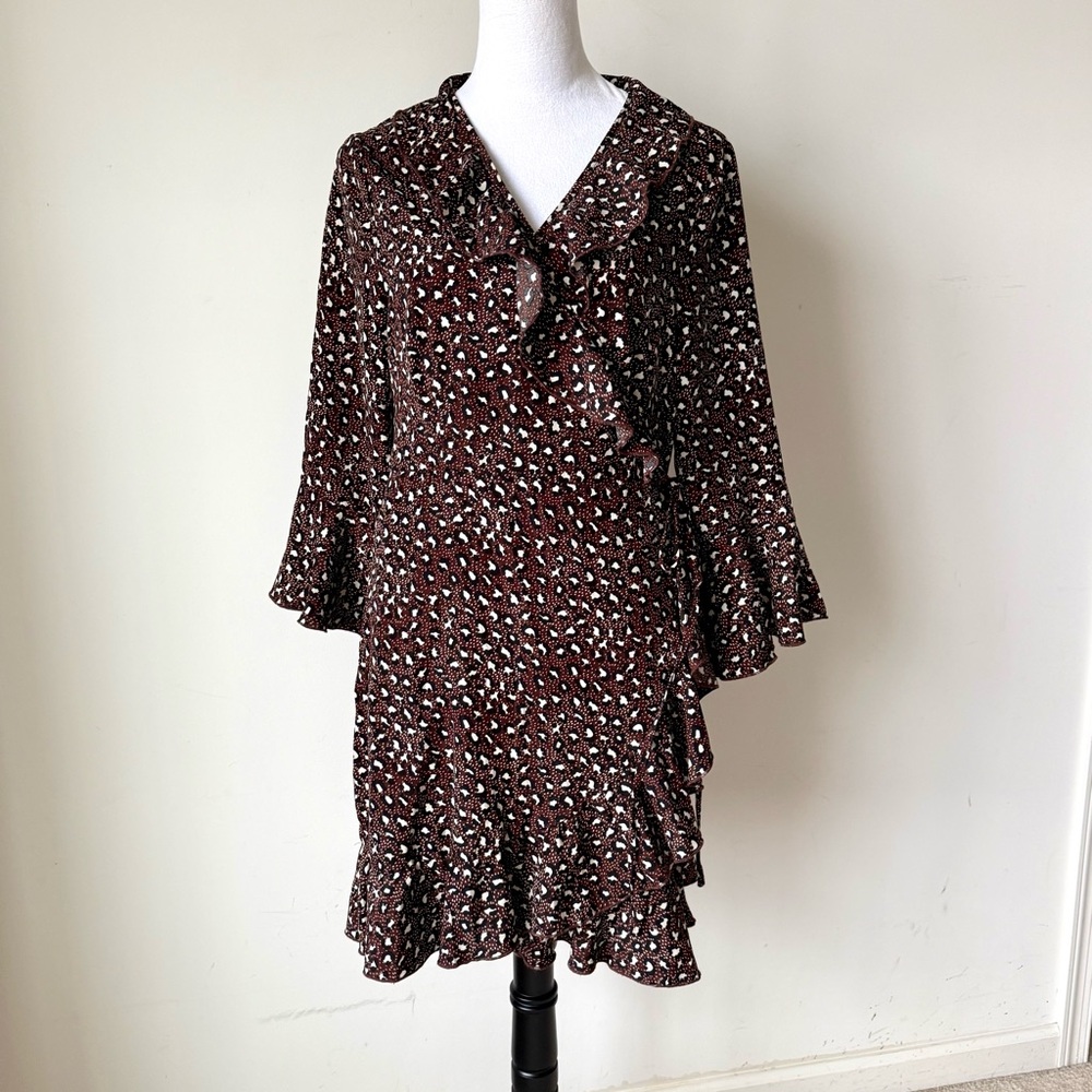PrettyLittleThing Ruffled Polka Dot Leopard Wrap Dress—SZ. 10
